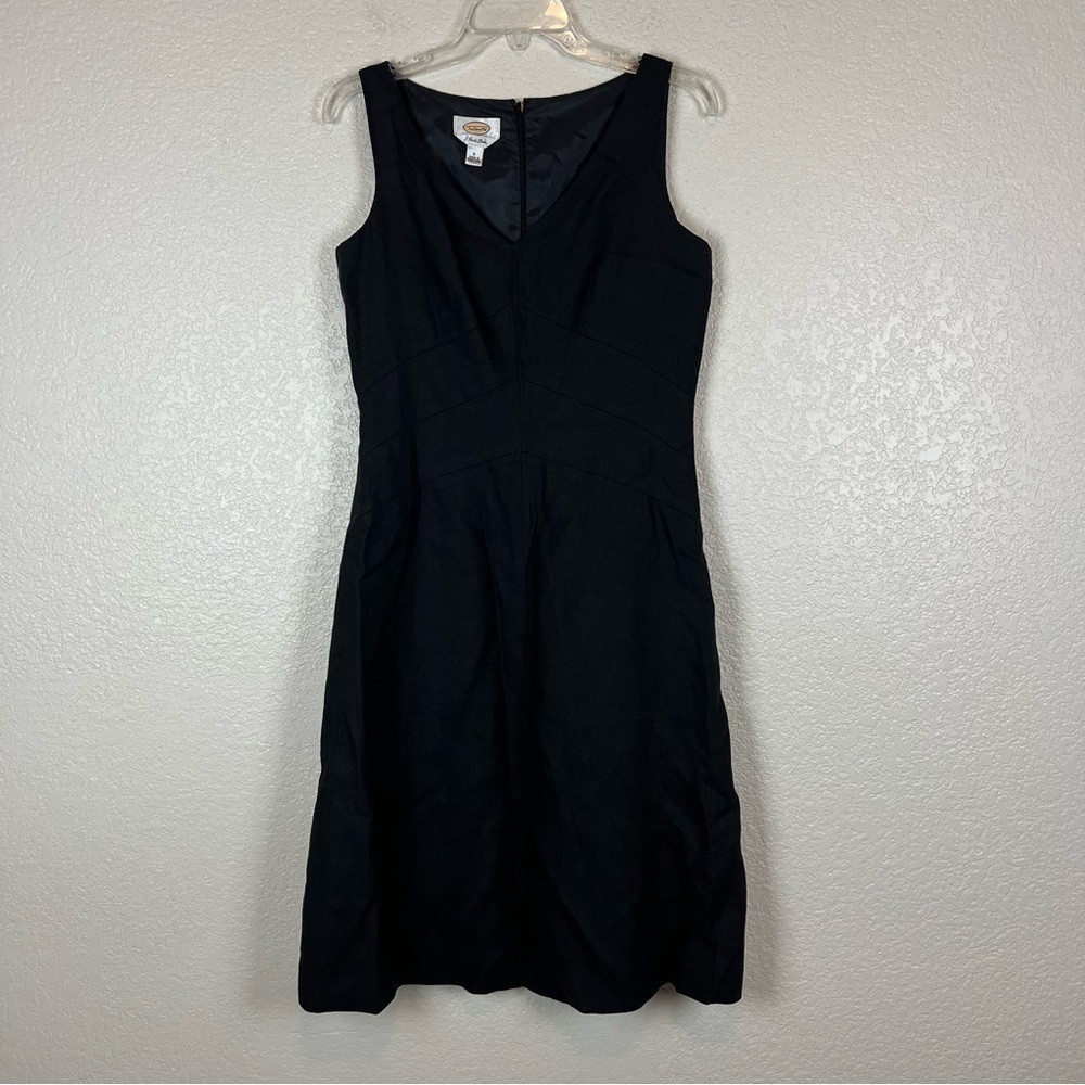 Talbots Black 100% Irish Linen Sleeveless V-Neck Classic Sheath Midi Dress Sz 6